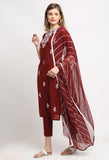 Wine Pure Cambric Cotton Floral Embroidered Kurta Set With Dupatta