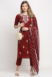 Wine Pure Cambric Cotton Floral Embroidered Kurta Set With Dupatta