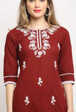 Wine Pure Cambric Cotton Floral Embroidered Kurta Set With Dupatta