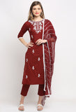 Wine Pure Cambric Cotton Floral Embroidered Kurta Set With Dupatta