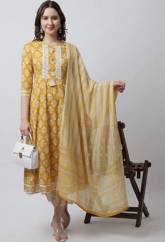 Pure Cambric Cotton Jaipuri Printed & Embroidered Kurta Set With Dupatta