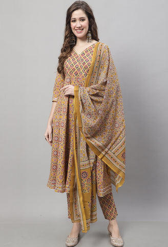 Pure Cotton Jaipuri Printed & Hand Work Kurta Set With Dupatta