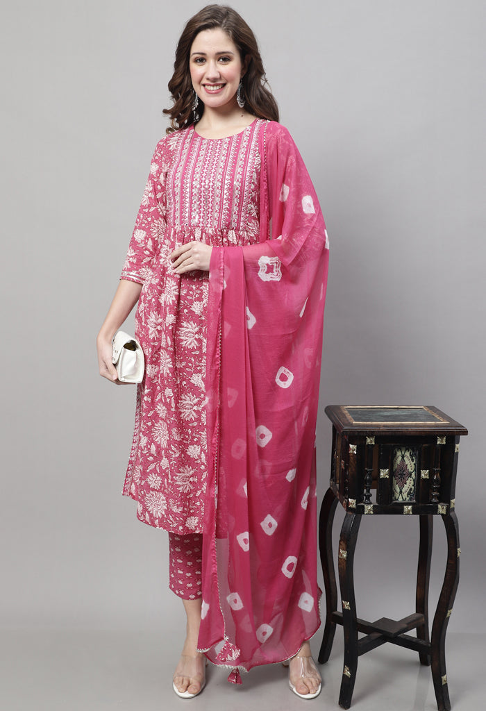 Pure Cotton Jaipuri Printed & Embroidered Kurta Set With Dupatta