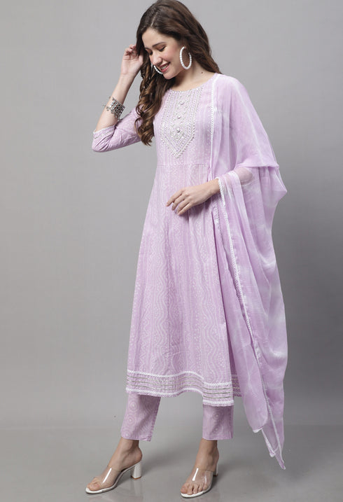 Pure Cambric Cotton Jaipuri Printed & Embroidered Kurta Set With Dupatta