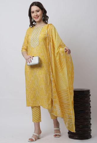 Pure Cambric Cotton Jaipuri Printed & Embroidered Kurta Set With Dupatta