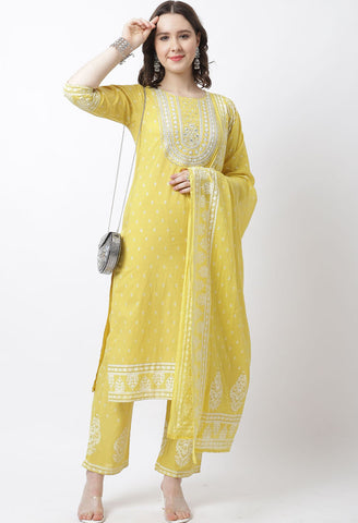 Pure Cambric Cotton Jaipuri Printed & Embroidered Kurta Set With Dupatta