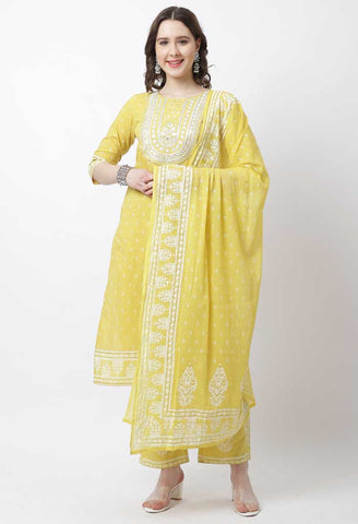 Pure Cambric Cotton Jaipuri Printed & Embroidered Kurta Set With Dupatta