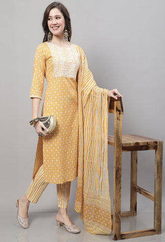 Pure Cotton Jaipuri Printed & Embroidered Kurta Set With Dupatta