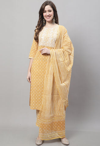 Pure Cotton Jaipuri Printed & Embroidered Kurta Set With Dupatta