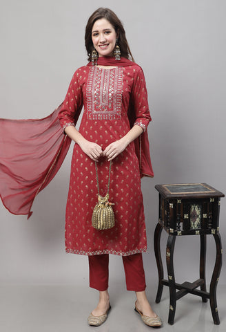 Pure Cotton Jaipuri Printed & Embroidered Kurta Set With Dupatta