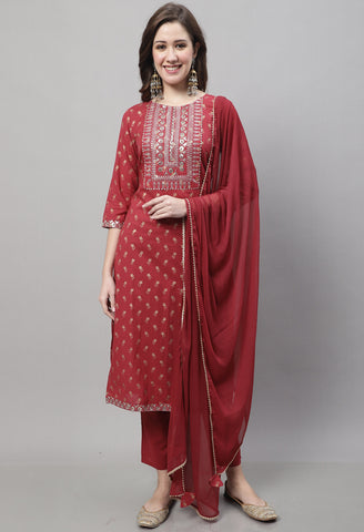 Pure Cotton Jaipuri Printed & Embroidered Kurta Set With Dupatta