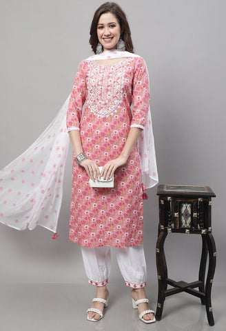 Pure Cotton Zari Weaving And  Embroidered Kurta Set With Dupatta