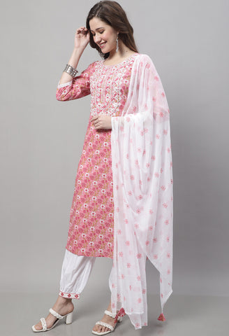 Pure Cotton Zari Weaving And  Embroidered Kurta Set With Dupatta