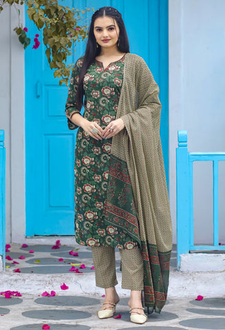 Green Pure Cotton Jaipuri Printed Kurta Set With Dupatta