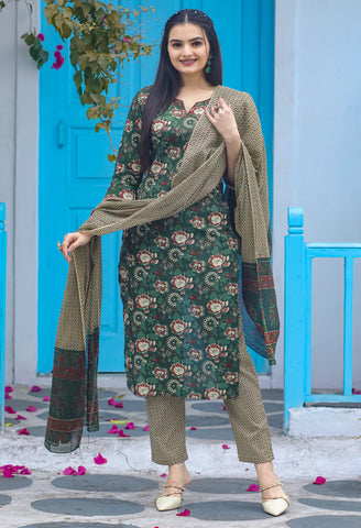 Green Pure Cotton Jaipuri Printed Kurta Set With Dupatta