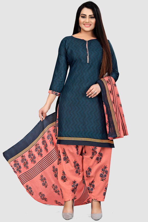 Navy Blue Cotton Blend Printed Unstitched Salwar Suit Material
