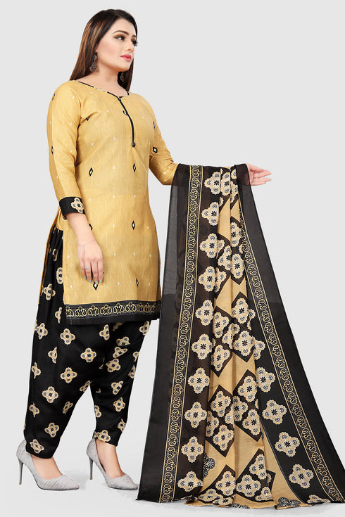 Beige Cotton Blend Printed Unstitched Salwar Suit Material