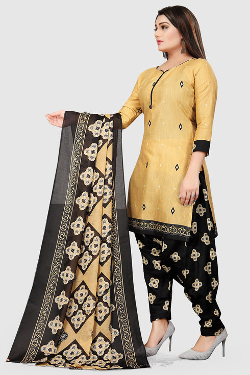 Beige Cotton Blend Printed Unstitched Salwar Suit Material