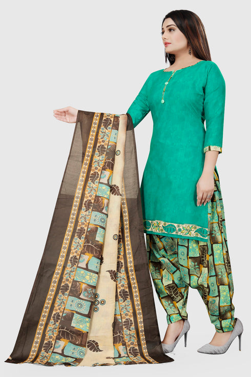 Turquoise Blue Cotton Blend Printed Unstitched Salwar Suit Material