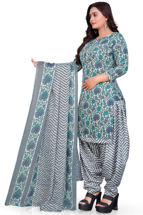 Grey & Green Cotton Blend Printed Unstitched Salwar Suit Material