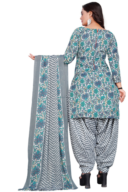 Grey & Green Cotton Blend Printed Unstitched Salwar Suit Material