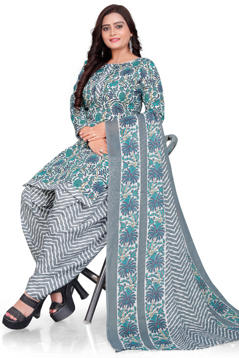 Grey & Green Cotton Blend Printed Unstitched Salwar Suit Material