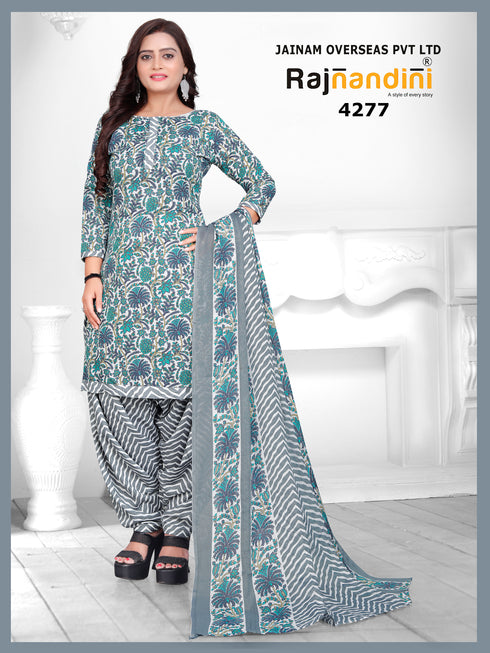 Grey & Green Cotton Blend Printed Unstitched Salwar Suit Material