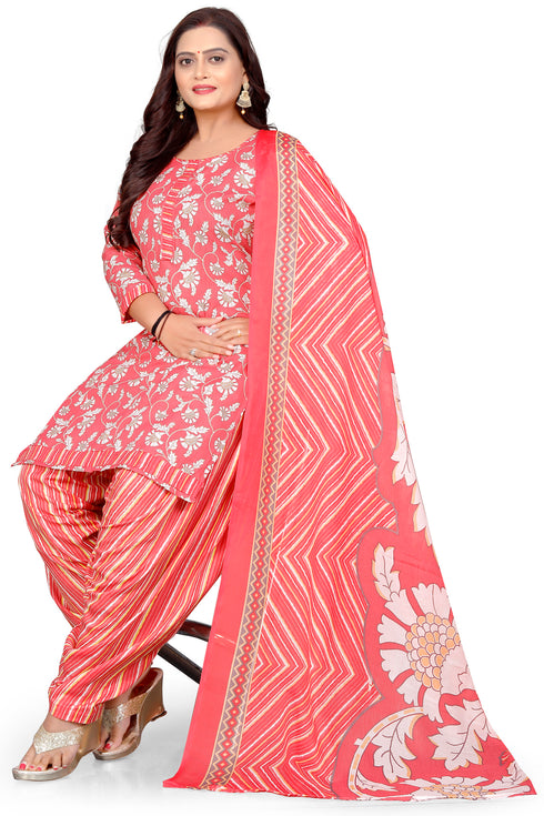 Peach & White Cotton Blend Printed Unstitched Salwar Suit Material