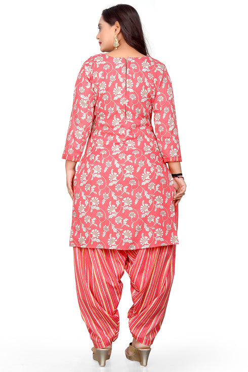Peach & White Cotton Blend Printed Unstitched Salwar Suit Material