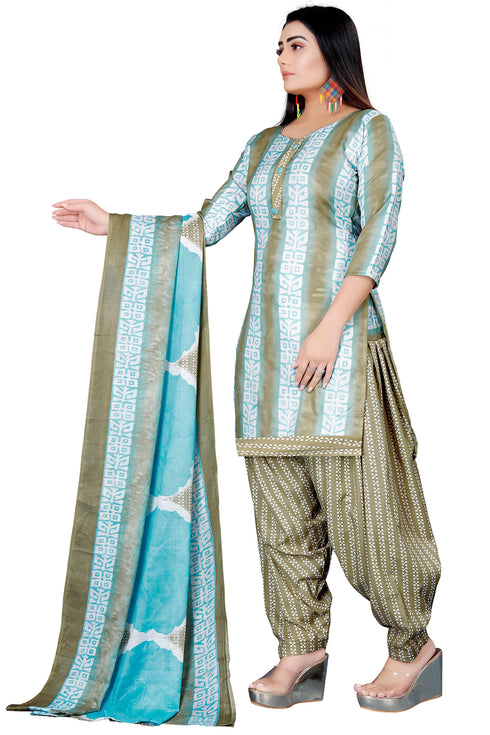 Mahendi Green & Sky Blue Cotton Blend Printed Unstitched Salwar Suit Material