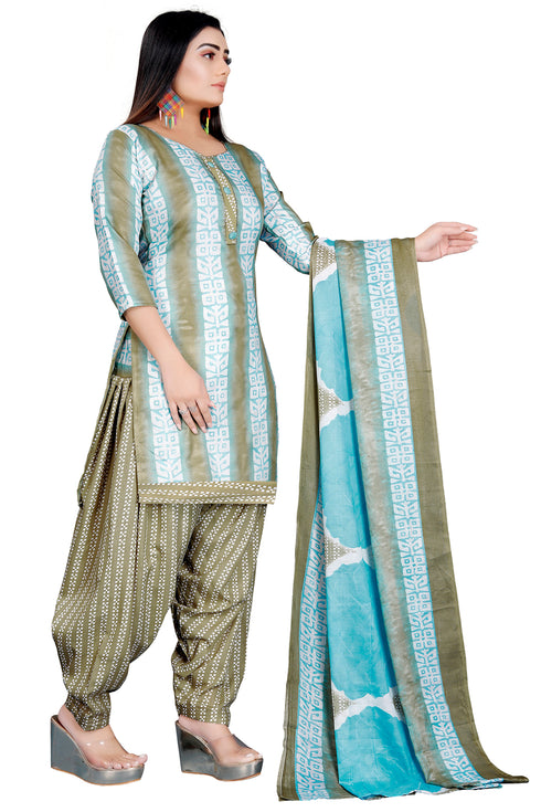 Mahendi Green & Sky Blue Cotton Blend Printed Unstitched Salwar Suit Material