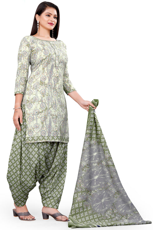 Beige & Grey Cotton Blend Printed Unstitched Salwar Suit Material