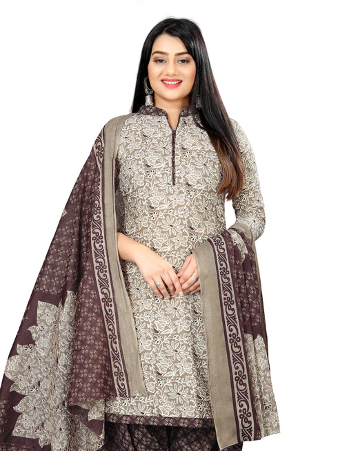 Grey Cotton Blend Printed Unstitched Salwar Suit Material