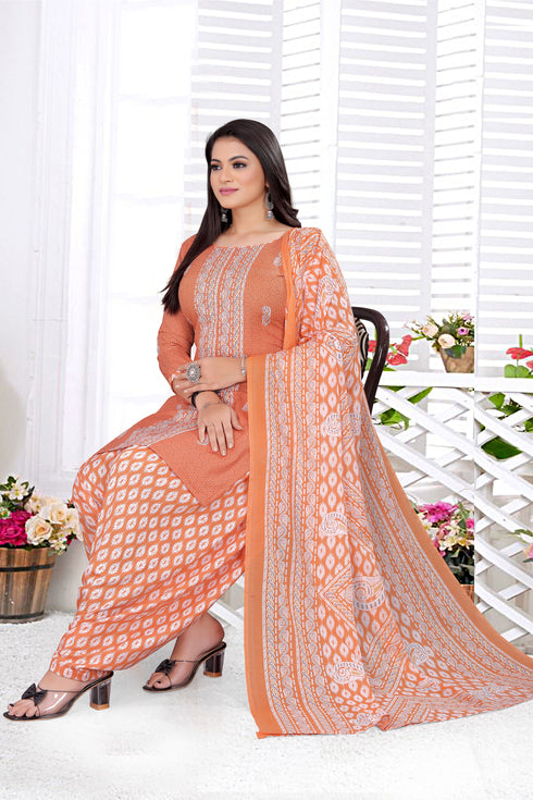 Light Orange Cotton Blend Printed Unstitched Salwar Suit Material