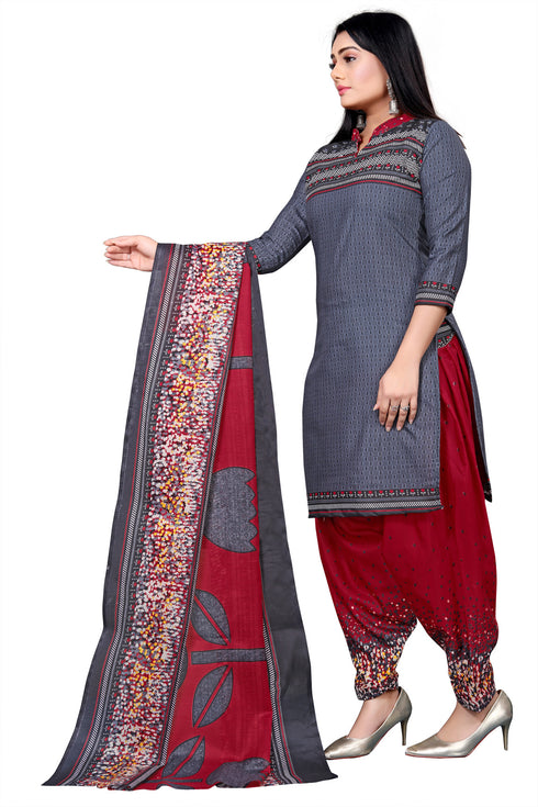 Grey Cotton Blend Printed Unstitched Salwar Suit Material