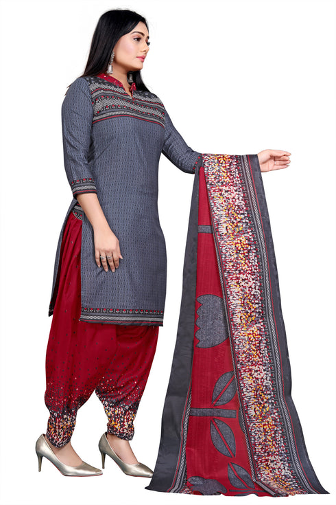 Grey Cotton Blend Printed Unstitched Salwar Suit Material