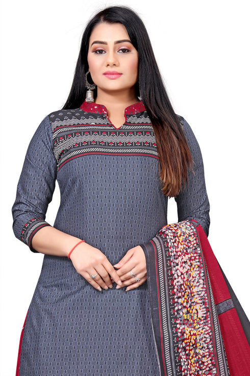 Grey Cotton Blend Printed Unstitched Salwar Suit Material