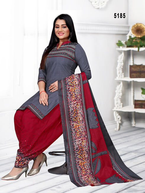 Grey Cotton Blend Printed Unstitched Salwar Suit Material