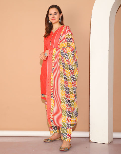 Peach Polyester Cotton Printed Salwar Suit with Dupatta