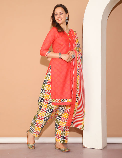 Peach Polyester Cotton Printed Salwar Suit with Dupatta