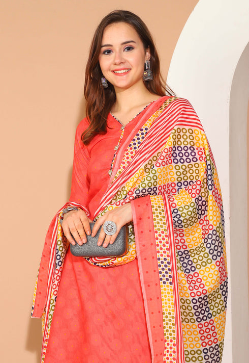 Peach Polyester Cotton Printed Salwar Suit with Dupatta