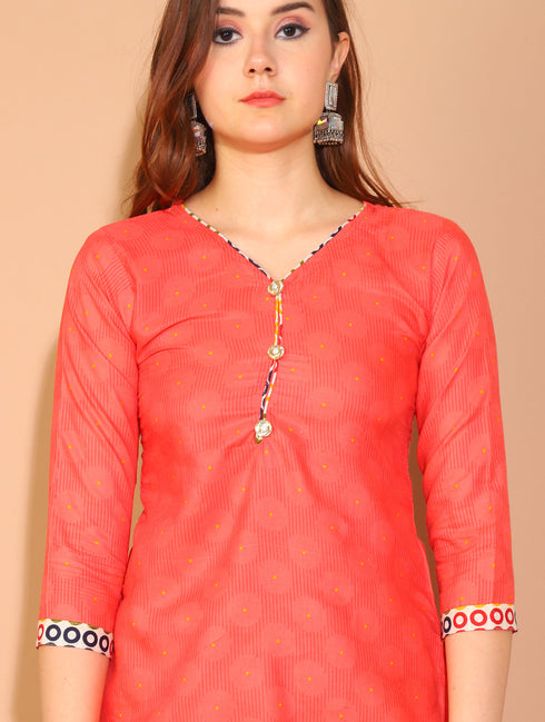 Peach Polyester Cotton Printed Salwar Suit with Dupatta
