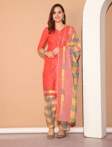 Peach Polyester Cotton Printed Salwar Suit with Dupatta