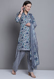 Grey & Green Polyester Cotton Printed Salwar Suit with Dupatta