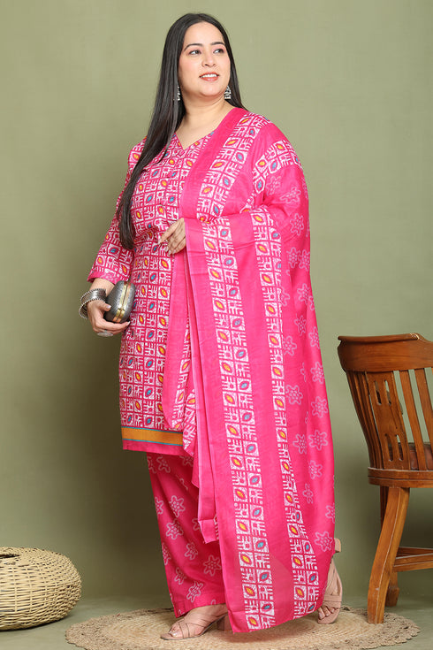 Pink Cotton Blend Printed Plus Size Ready to Wear Patiala Salwar Suit
