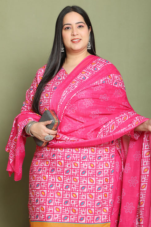 Pink Cotton Blend Printed Plus Size Ready to Wear Patiala Salwar Suit