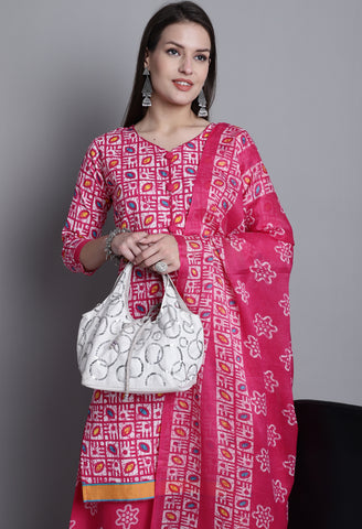 Pink Polyester Cotton Printed Salwar Suit with Dupatta