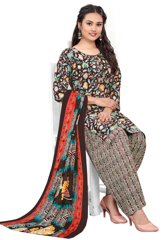 Brown Cotton Blend Printed Readymade Patiala Salwar Suit