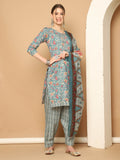 Sea Green Cotton Blend Printed Readymade Patiala Salwar Suit