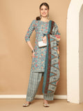 Sea Green Cotton Blend Printed Readymade Patiala Salwar Suit